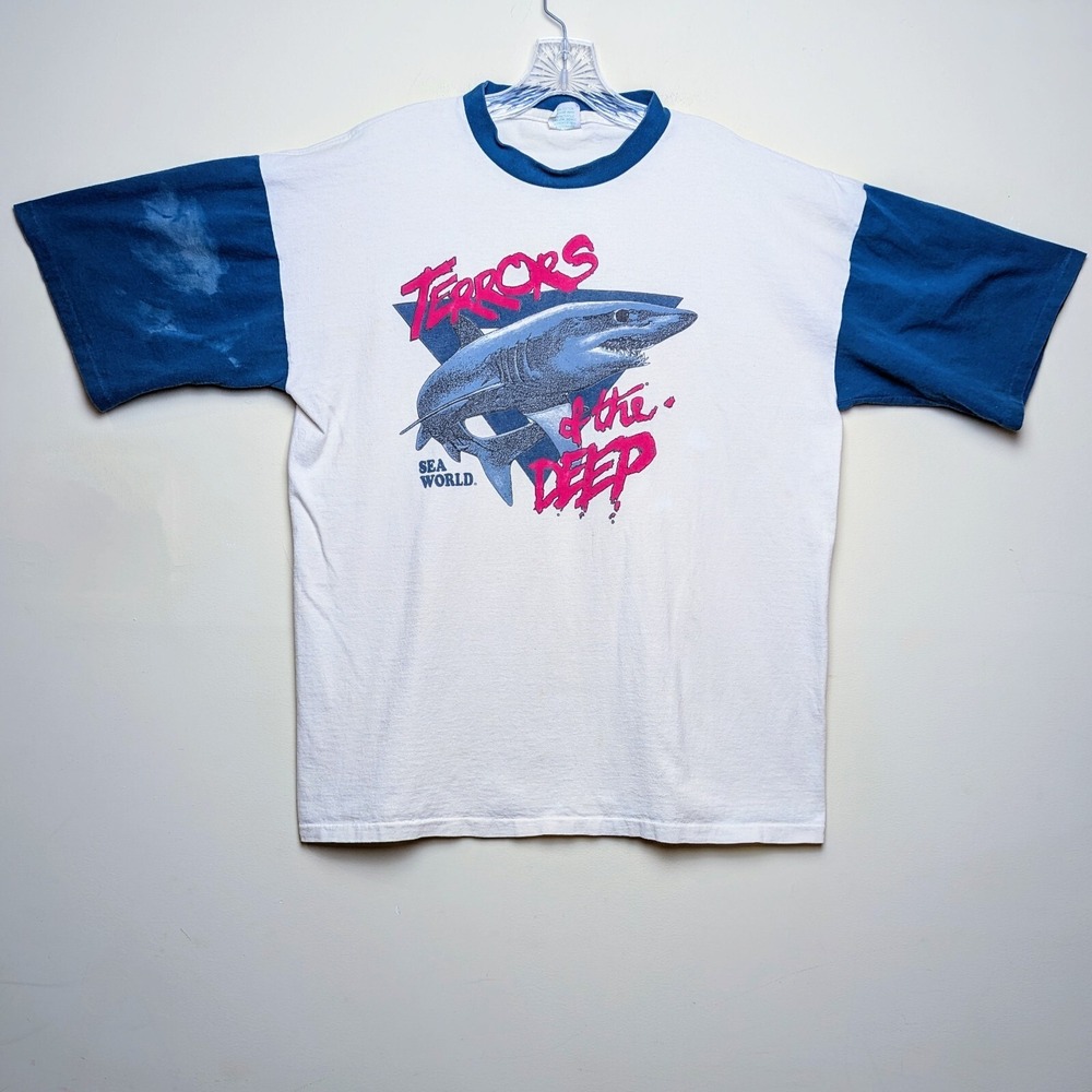 Vintage Sea World Terrors From Deep Great White Shark‎ 90s Ringer Shirt XL